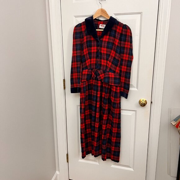 Vintage Lanz Originals 80s Red Plaid Velvet Trim Peplum Tartan Dress Sz XS - Picture 15 of 15